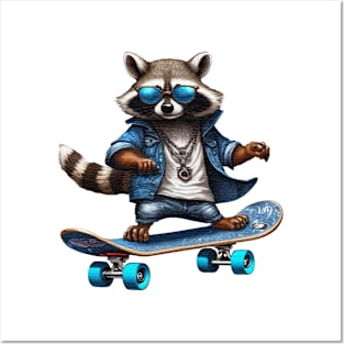 a racoon riding a skateboard wearing sunglasses Posters and Art